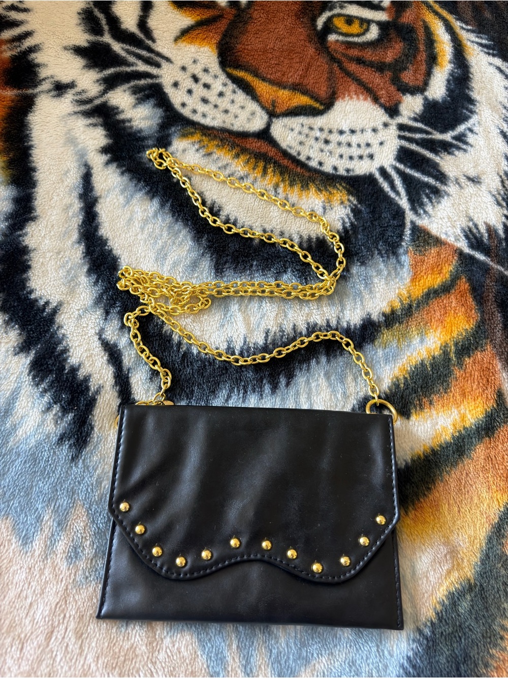 Black Studded Scallop Flap Crossbody with Gold Chain